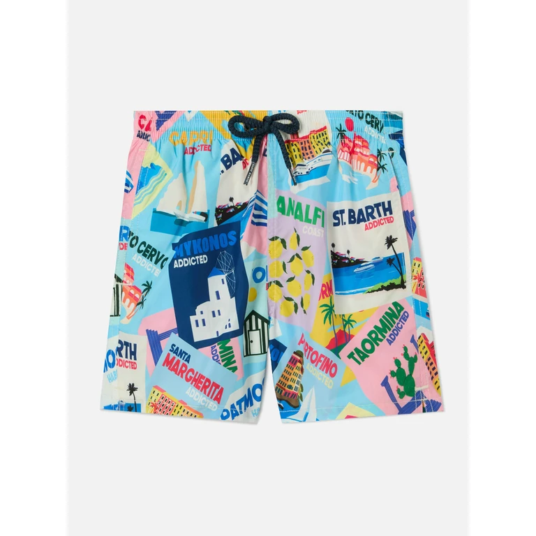 Mc2 Saint Barth Jean Lighting Swim Shorts With Postcards All-Over Print Green Swimshort
