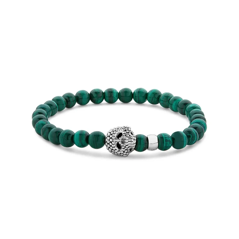 Lagos Men's Sterling Silver Anthem Malachite Bead Skull Stretch Bracelet - Exclusive