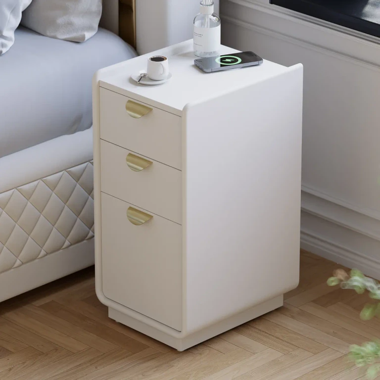 12" White Leather Smart Narrow Nightstand with Wireless Charger Drawers Bedside Table