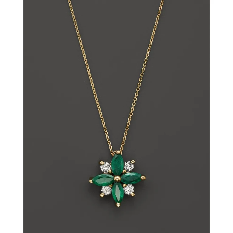 Emerald and Diamond Flower Pendant Necklace in 14K Yellow Gold, 18