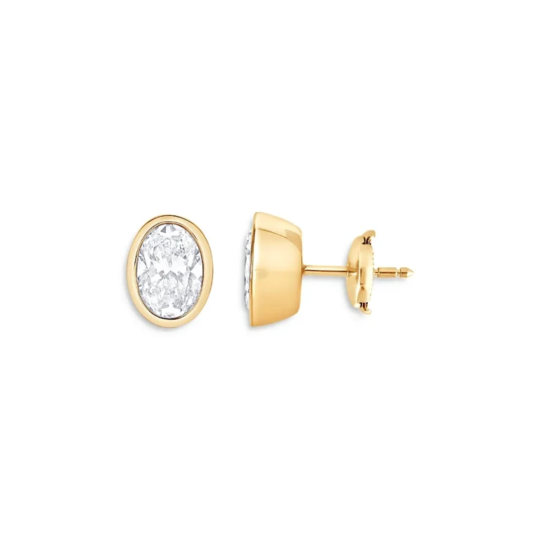 Certified Lab Grown Diamond Oval Bezel Stud Earrings in 18K Yellow Gold, 3.0 tcw