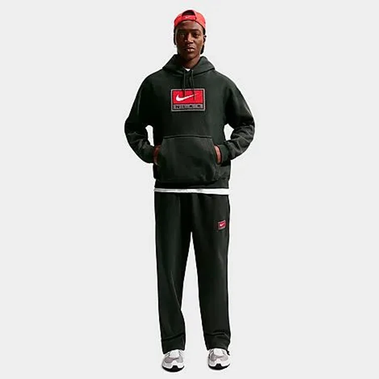 Nike Men's Solo Swoosh Chenille Patch Fleece Pullover Hoodie in Black Spruce/White Size: XS