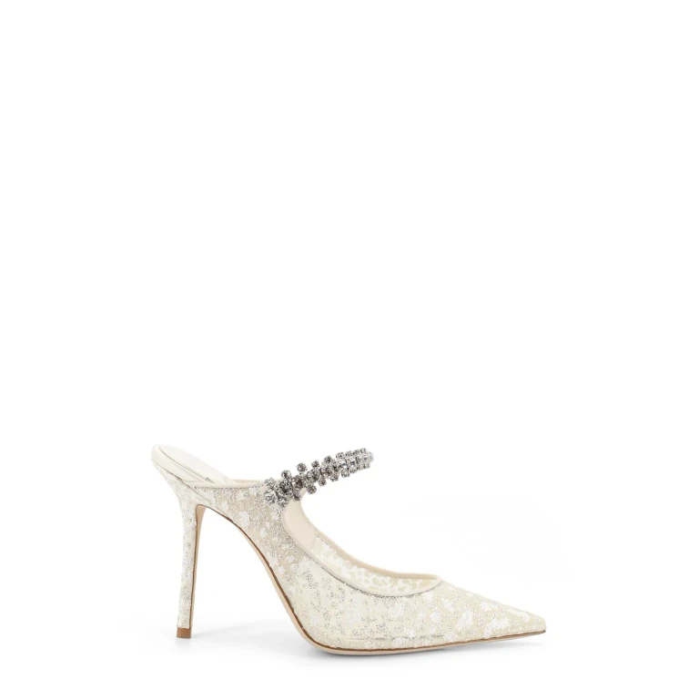 Jimmy Choo Embellished Mesh Bing 100 Mules Silverwhite Textile Leather Salpa Metal Scarpe Con Tacco - Women