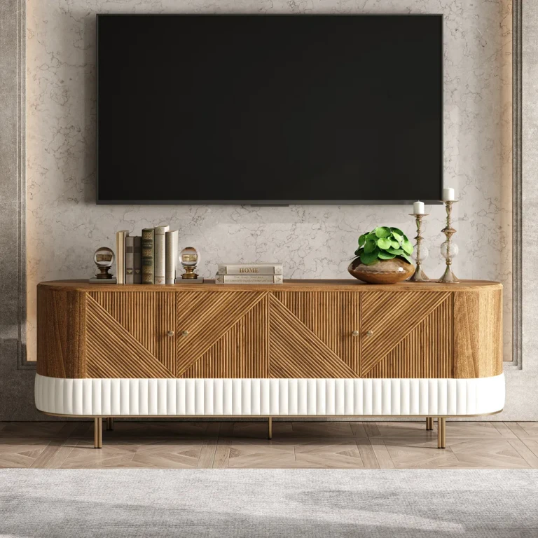 Wovent Mid-Century Modern Walnut Wood Tall TV Stand with Storage for 80 inch TV