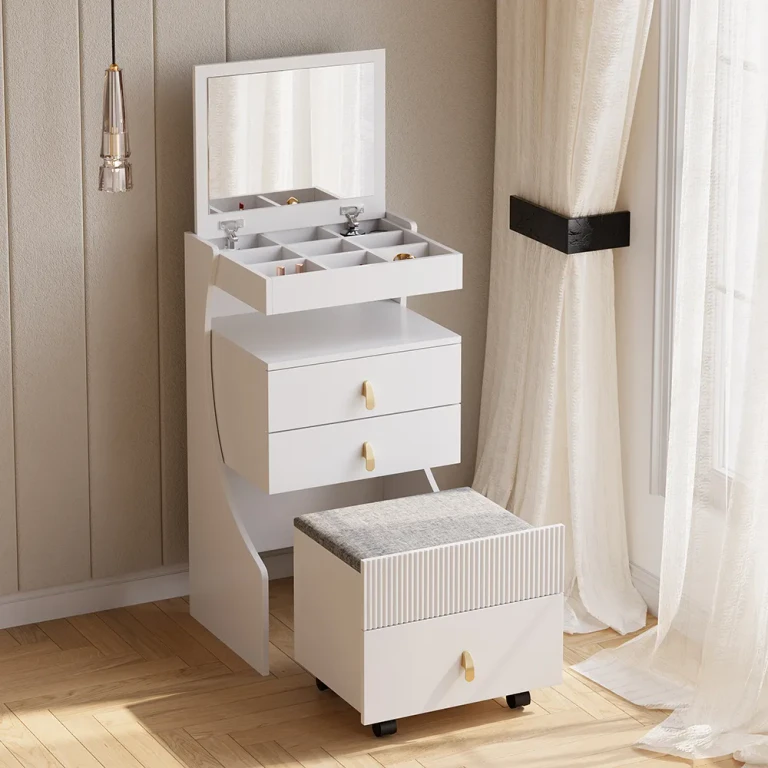 modern white dressing table set with mirror, mini dressing table and stool