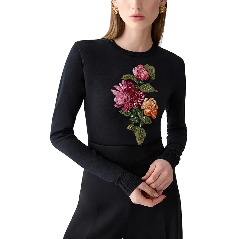 Carolina Herrera Embellished Long Sleeve Crewneck Top
