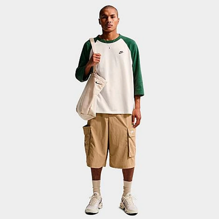 Nike Men's Sportswear Club Three Quarter-Sleeve Raglan Top in Fir/Chalk/Fir Size: XS