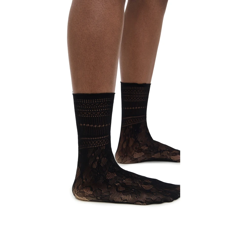 Stems Peony Lace Crew Socks Black One Size