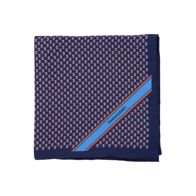 Ferragamo Blue Pocket Square With Gancini Print And Lettering Logo In Silk Man