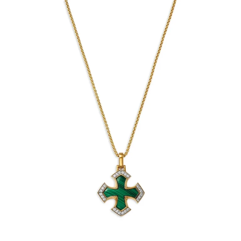 Men's Malachite & Diamond Cross Pendant Necklace in 14K Gold