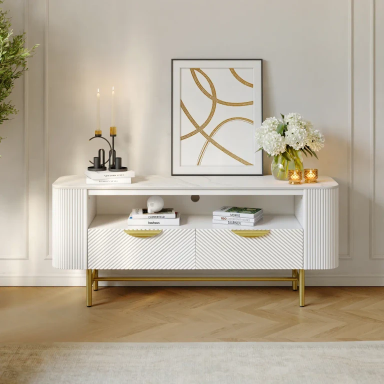 50" Small TV Stand with SinteredÂ Stone Top White Media Console with Storage