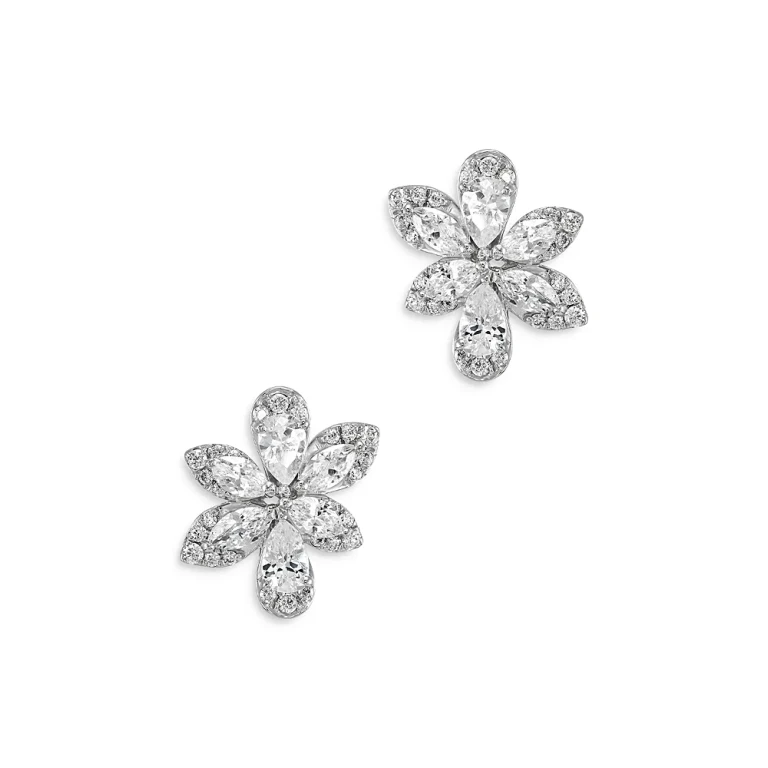 Marquis, Pear & Round Cut Diamond Flower Stud Earrings in 14K White Gold, 1.0 tcw