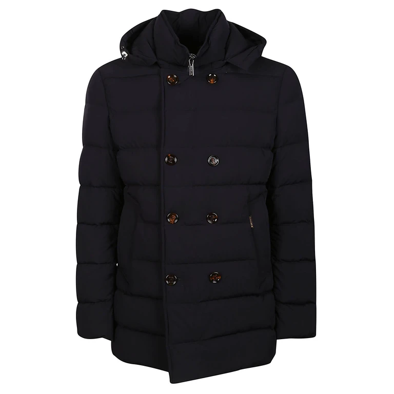 Doppelreihige gesteppte Daunenjacke mit hohem Kragen und Kapuze