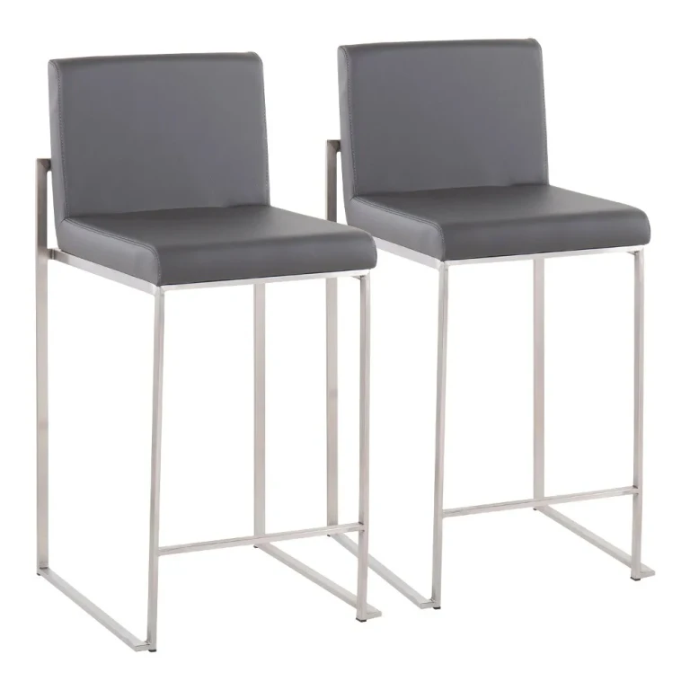 Fuji High Back Stainless & Black Faux Leather Counter Stools, Set of 2