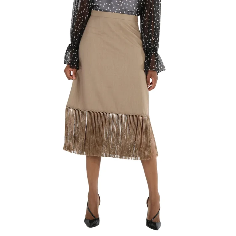 Burberry Ladies Pecan Melange High-waist Fring-hem Wool And Cashmere Skirt