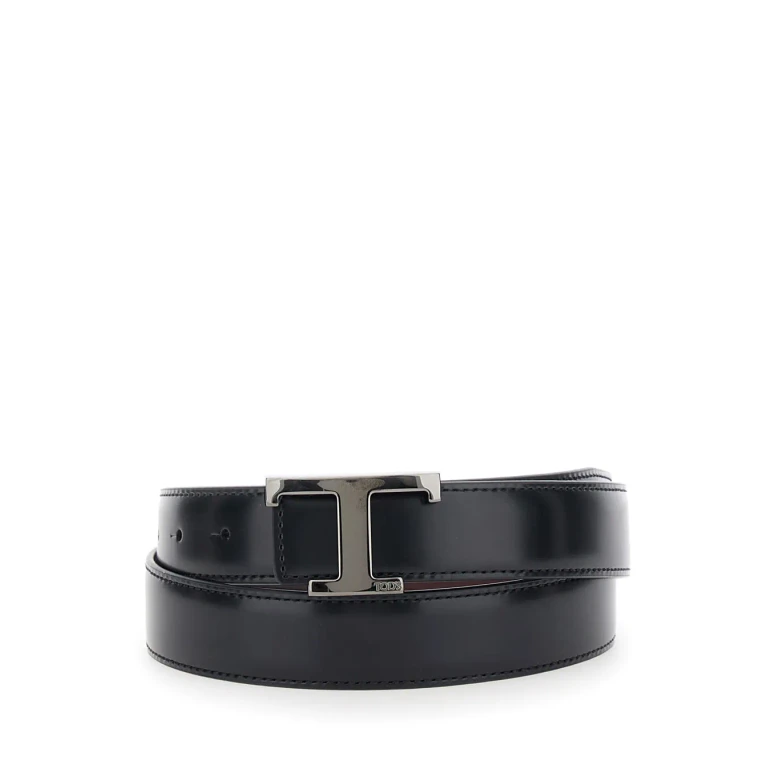 Tod's Black Belt With Adjustable Buckle Closure And T Logo Plaque In Leather Man