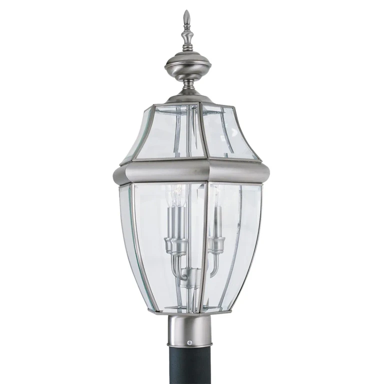 Antique Brushed Nickel Three Light Outdoor Post Lantern from the Lancaster Collection