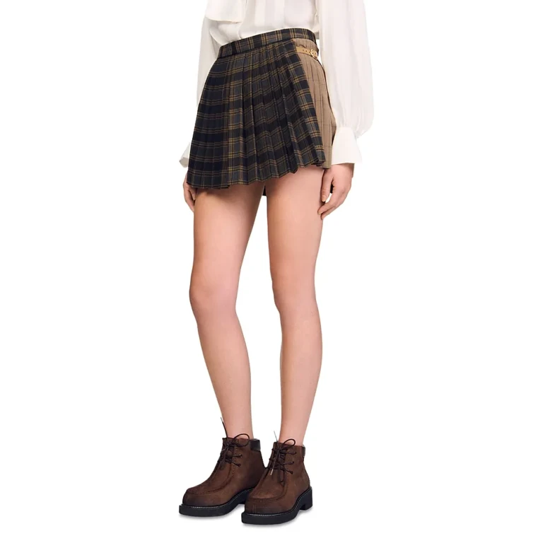 Sandro Short Checked Pleated Skirt