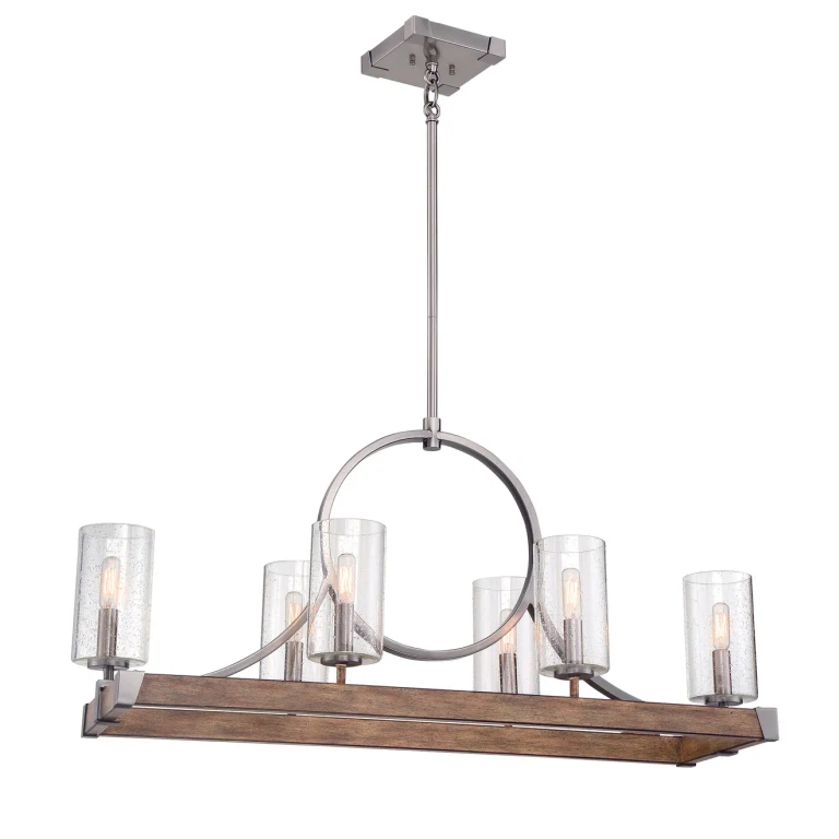 Country Estates 6-Light 39" Kitchen Island Light in Sun Faded Wood with Brushed Nickel