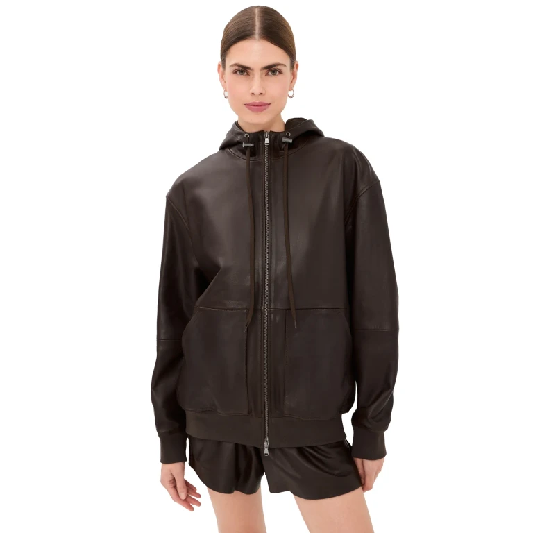 Tibi Leather Zip Up Hoodie Jacket Brown M