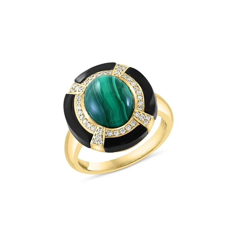 Malachite, Onyx and Diamond Ring in 14K Yellow Gold