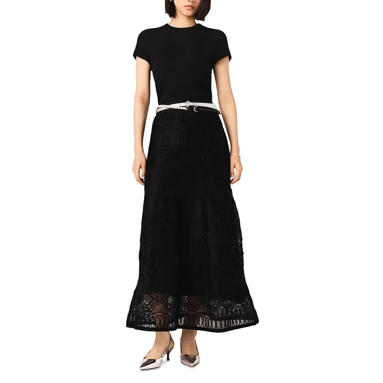 Maje Embroidered Basket Weave Knit Skirt