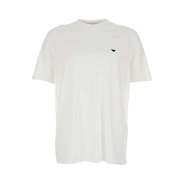 Emporio Armani White Crew Neck T-shirt With Logo Embroidery On The Front In Cotton Blend For Men