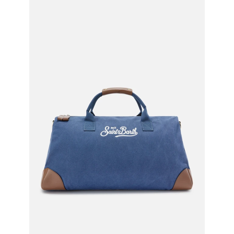 Mc2 Saint Barth Daily Navy Cotton Blend Weekender With Embroidered Logo Blue Bag - Unisex