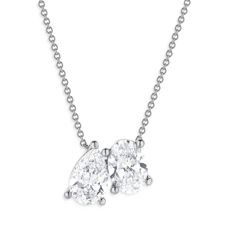 Certified Lab Grown Pear & Oval Diamond Toi Et Moi Pendant Necklace in 18K White Gold, 2.25 tcw