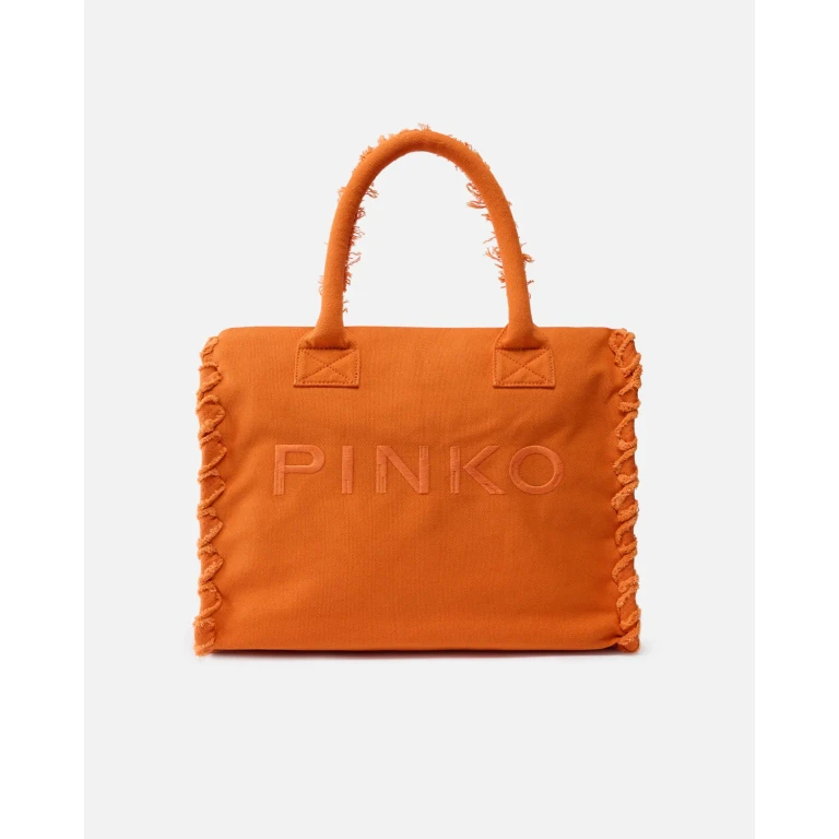 Pinko - Cabas moyen Beach en canvas à logo et franges