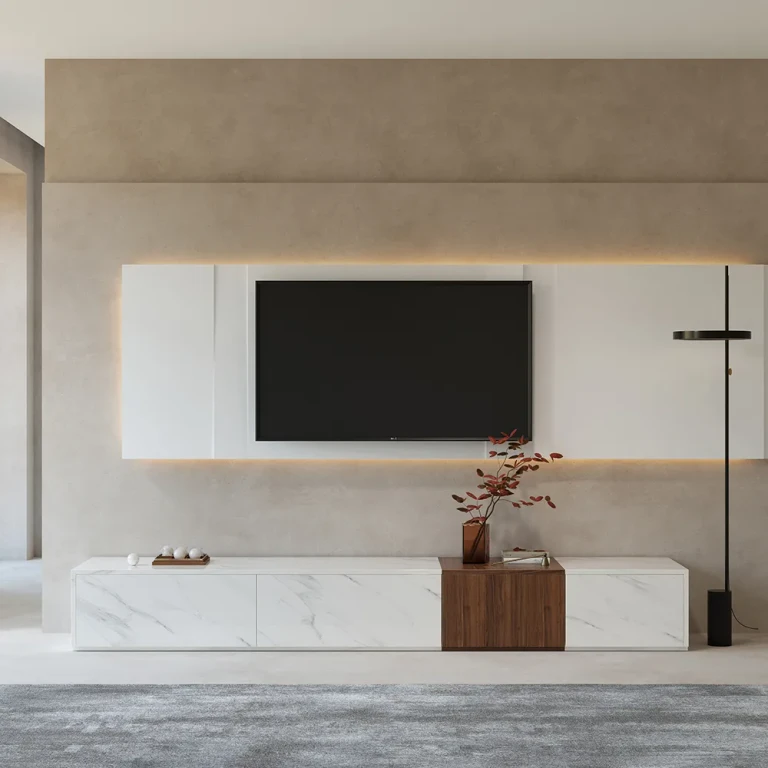 78.9" Vewal Modern Wood Block TV Stand Marble & Walnut Veneer in White with 4 Drawers