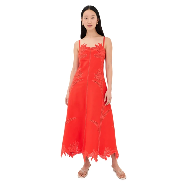 SIMKHAI Ellery Embroidered Bustier Midi Dress Lobster L
