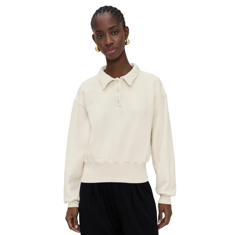 Les Tien Lucille Banded Henley Sweatshirt Ivory S