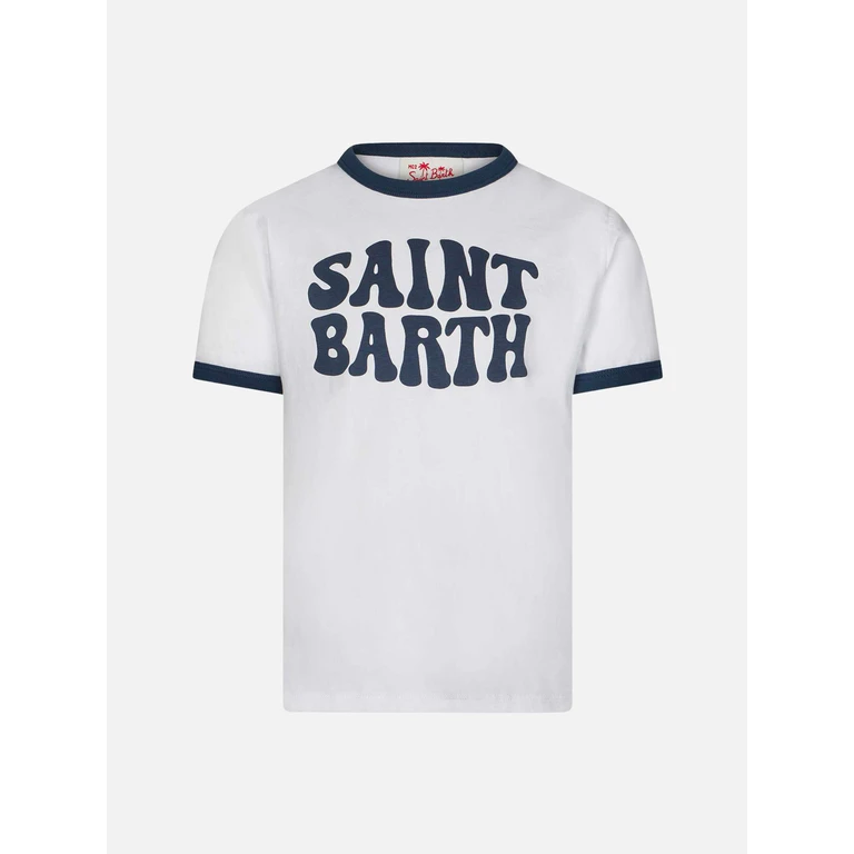 Mc2 Saint Barth Kid White Cotton T-Shirt With Blue Groovy Saint Barth Print
