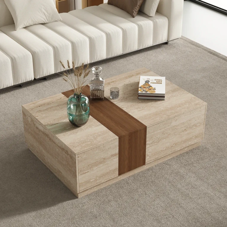 Vewal Wood Block Coffee Table Marble & Walnut Veneer in White with 2 Drawers