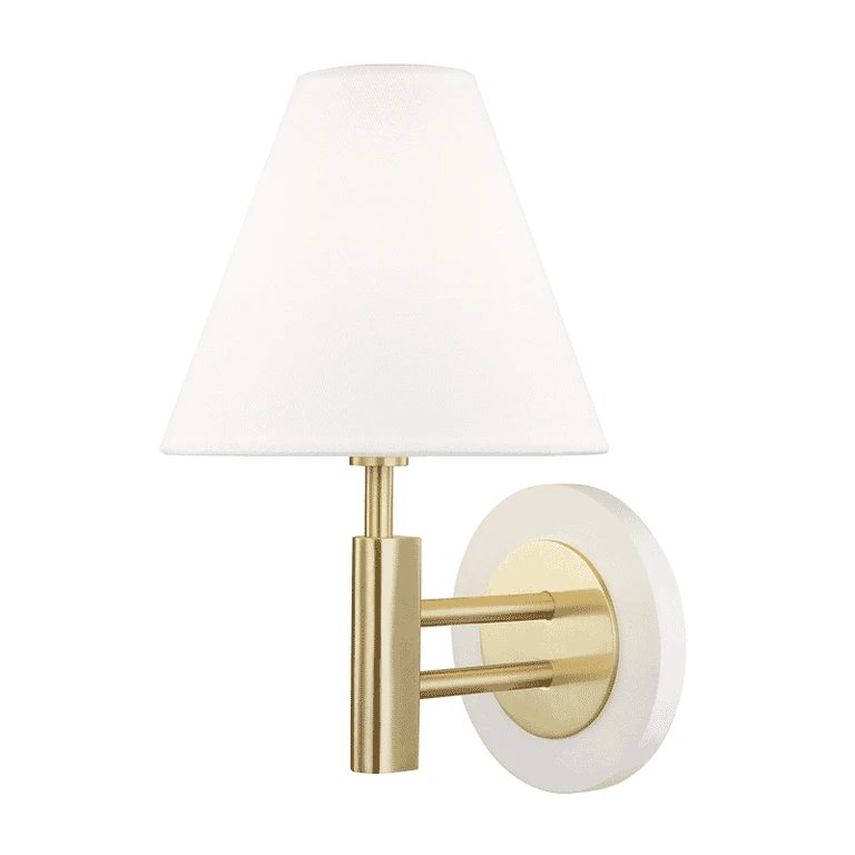 Aged Brass Soft Off White One Light Wall Sconce from the Robbie Collection