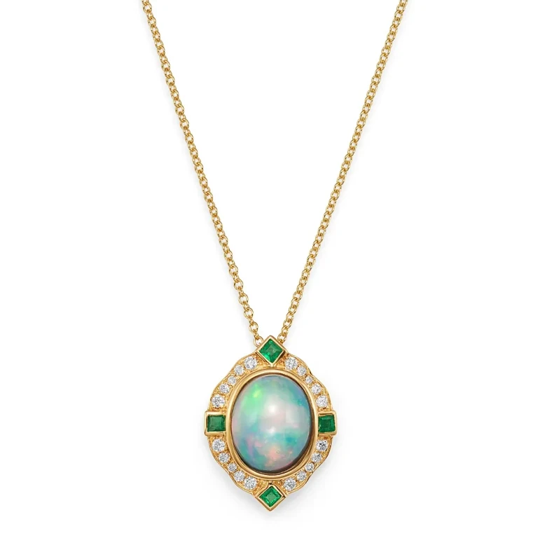 Ethiopian Opal, Emerald & Diamond Pendant Necklace in 14K Yellow Gold, 18