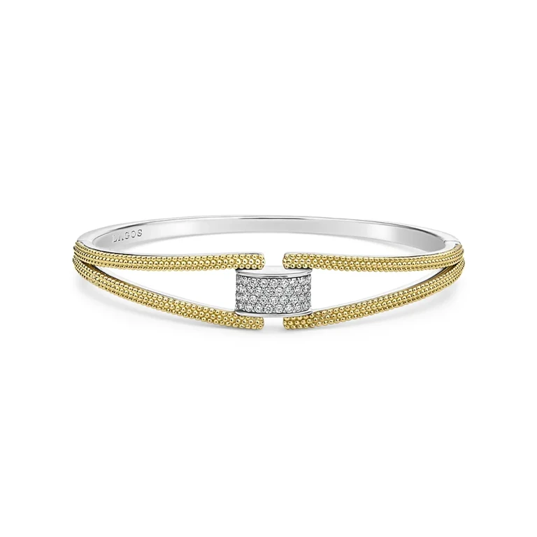 Lagos 18K Yellow Gold & Sterling Silver Caviar Lux Clip Diamond Pave Bangle Bracelet - Exclusive