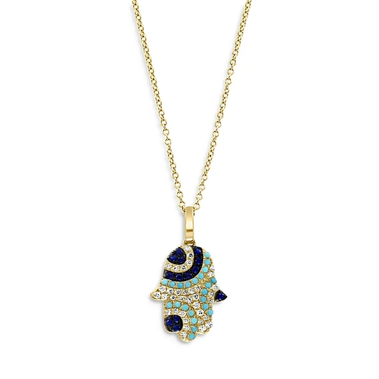 Blue Sapphire, Turquoise & Diamond Hamsa Hand Pendant Necklace in 14K Yellow Gold, 16-18