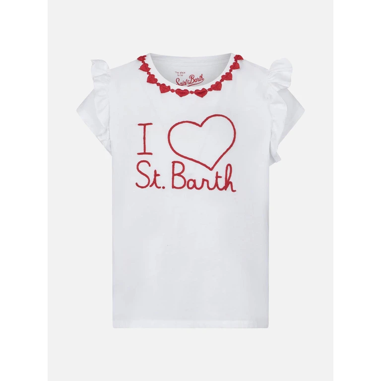 Mc2 Saint Barth Girl Cotton T-Shirt With Flounce And Embroidery White