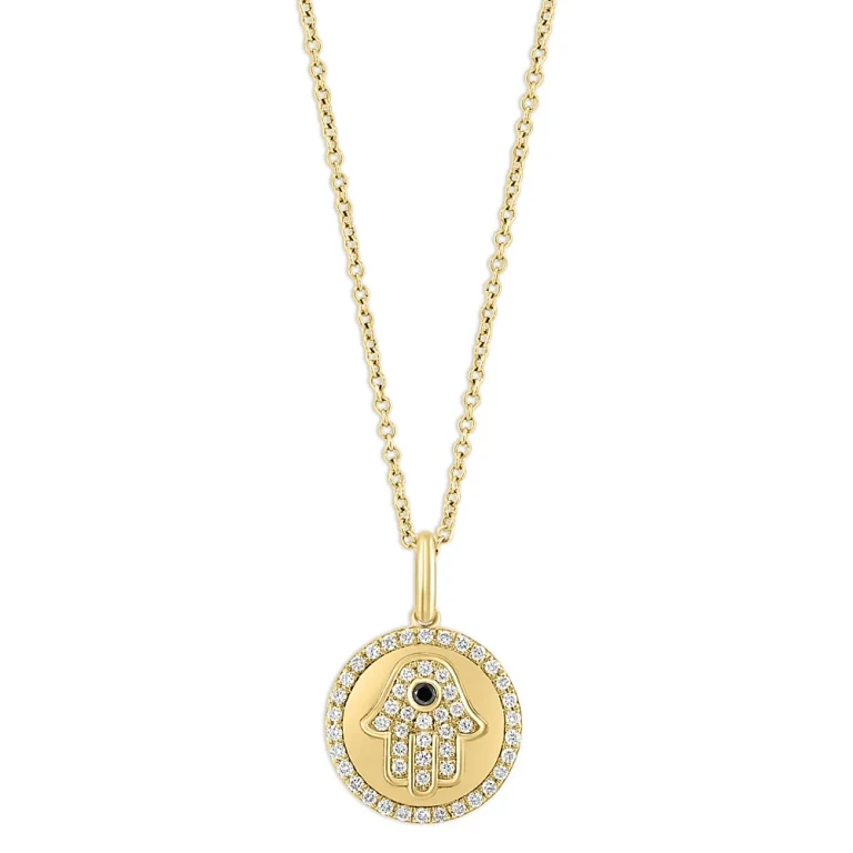 Black & White Diamond Hamsa Hand Pendant Necklace in 14K Yellow Gold, 18