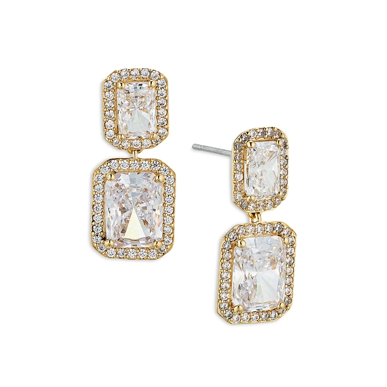 Nadri Emerald Cut Halo Drop Earrings in 18K Gold Plated or Rhodium Plated