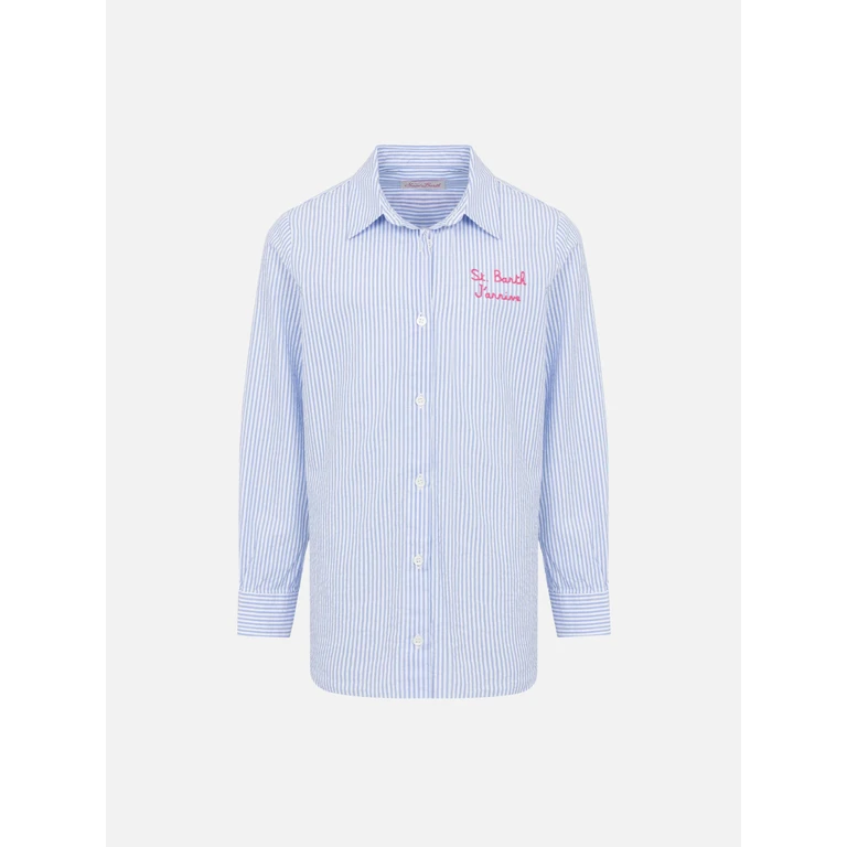 Mc2 Saint Barth Mini Brigitte Light Blue Striped Seersucker Shirt With Snoopy Print Peanuts Special Edition Sky