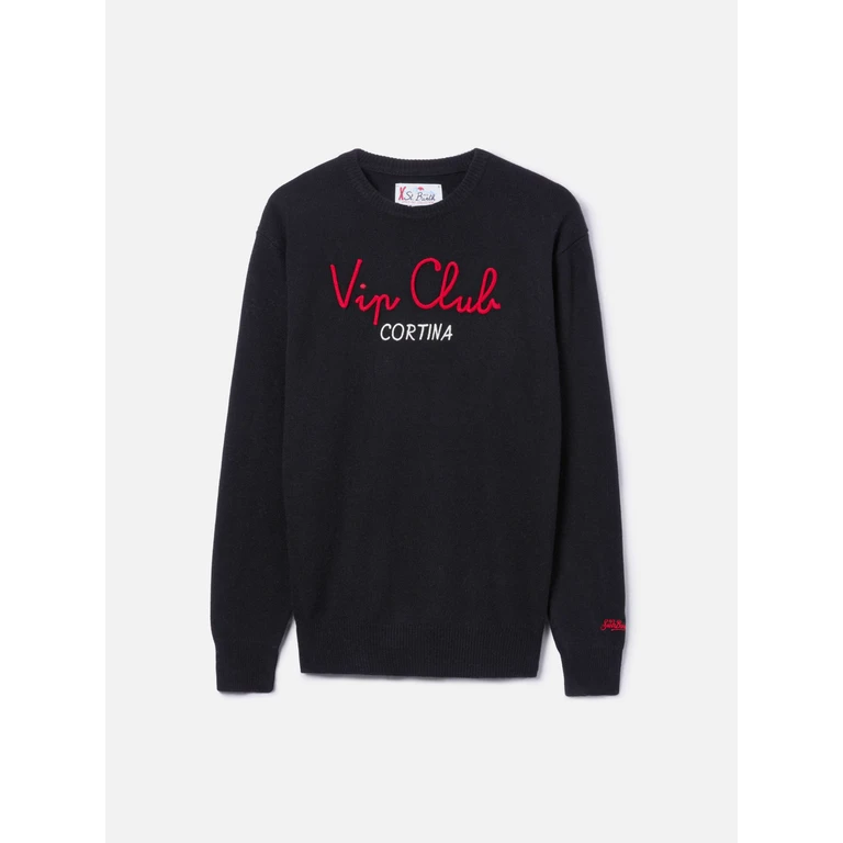 Mc2 Saint Barth Crewneck Sweater Heron With Vip Club Cortina Embroidery Special Edition Black - Men