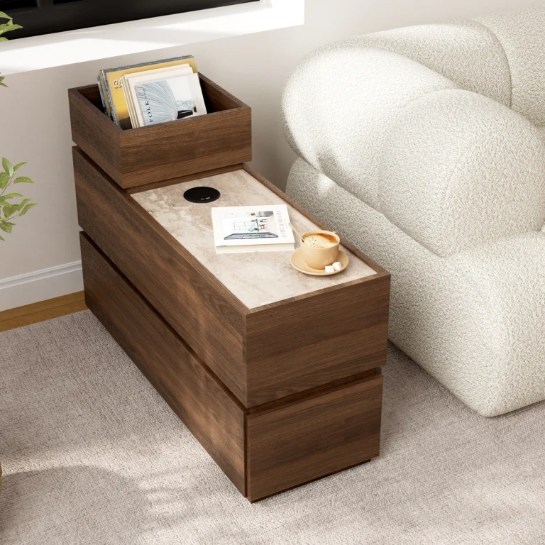 Sintered Stone Top Narrow Smart Side Table with Storage Modern White & Walnut End Table with USB Charging