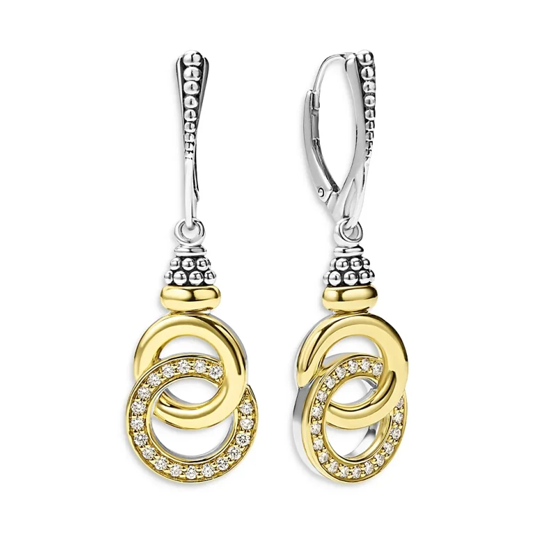 Lagos 18K Yellow Gold & Sterling Silver Signature Caviar Diamond Interlocking Drop Earrings