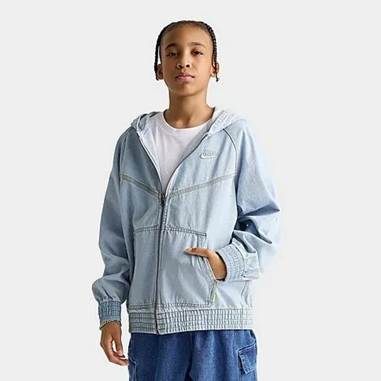 Nike Big Kids Sportswear Collection Full-Zip Hooded Denim Jacket in Light Armory Blue/Wheat Size: Small