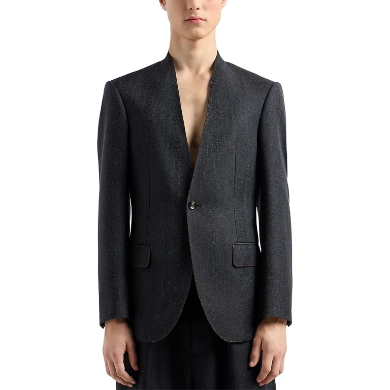 Emporio Armani Modern Fit Mouline Wool Blend Jacket with Contrast Color Stitching