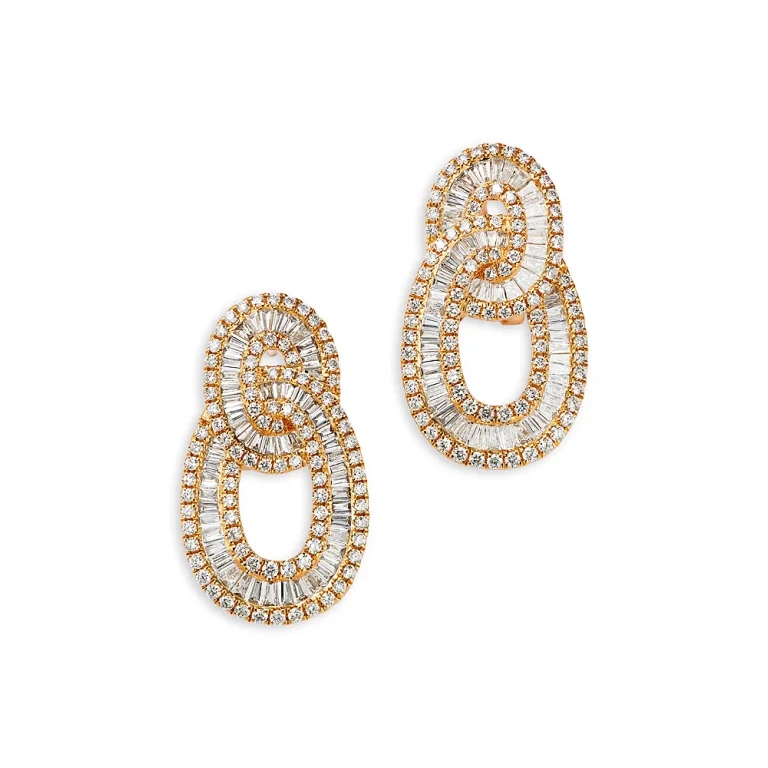 Diamond Baguette & Round Interlocking Circle Drop Earrings in 14K Yellow Gold, 2.67 tcw