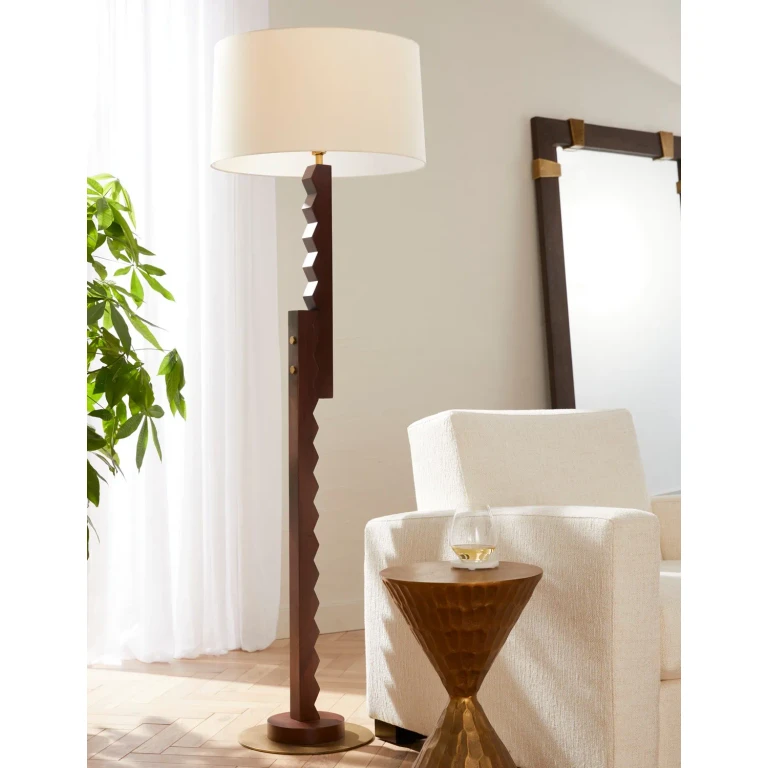 Elvis 1-Light Floor Lamp in Dark Walnut with Antique Brass/Antique Brass/Ivory/White